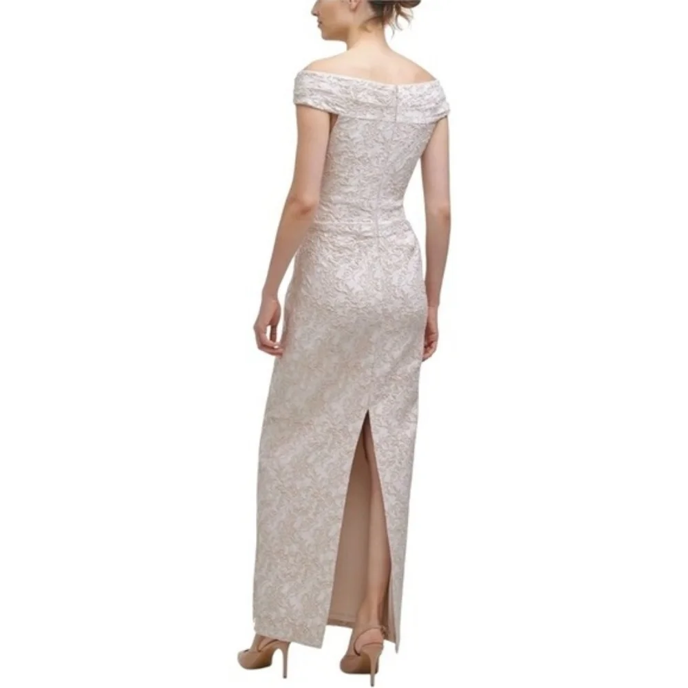 CALVIN KLEIN Womens Beige Back Slit Short Sleeve Full-Length Formal Gown NWT 12
